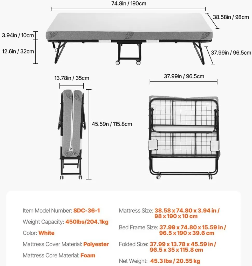Lit d'appoint pliant pour invités - Matelas 10cm et roulettes intégrées - 7
