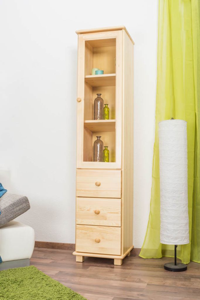 Regalschrank, Vitrine, 40 cm breit, Kiefer Holz-Massiv, Optik: Natur