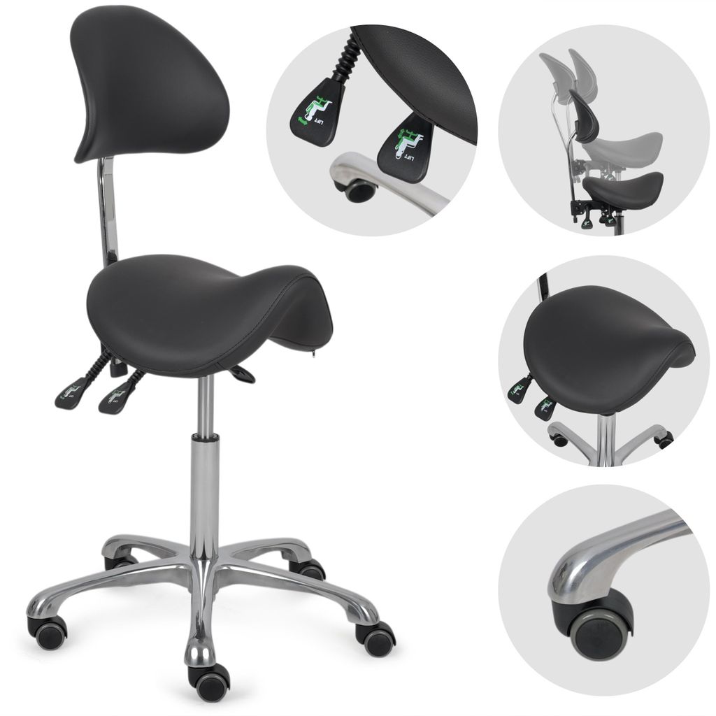 HABYS Ergonomischer Drehhocker Diana mit Rückenlehne | Rollhocker Arbeitshocker Praxishocker höhenverstellbar | Chrom-Basis & Formschaum | Schwarz