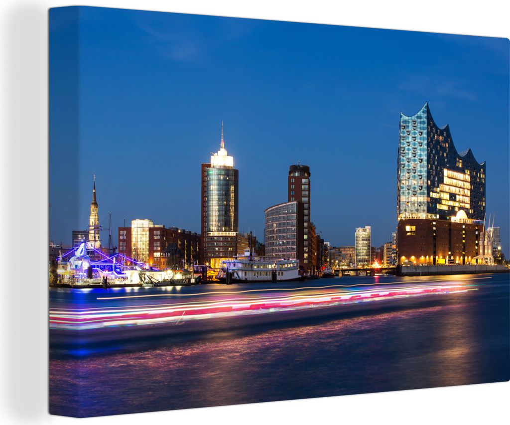 OneMillionCanvasses - Leinwandbilder - 140x90 cm, Die beleuchtete Elbphilharmonie in Hamburg an der Elbe, Wandbilder Kunstdruck Wanddekoration