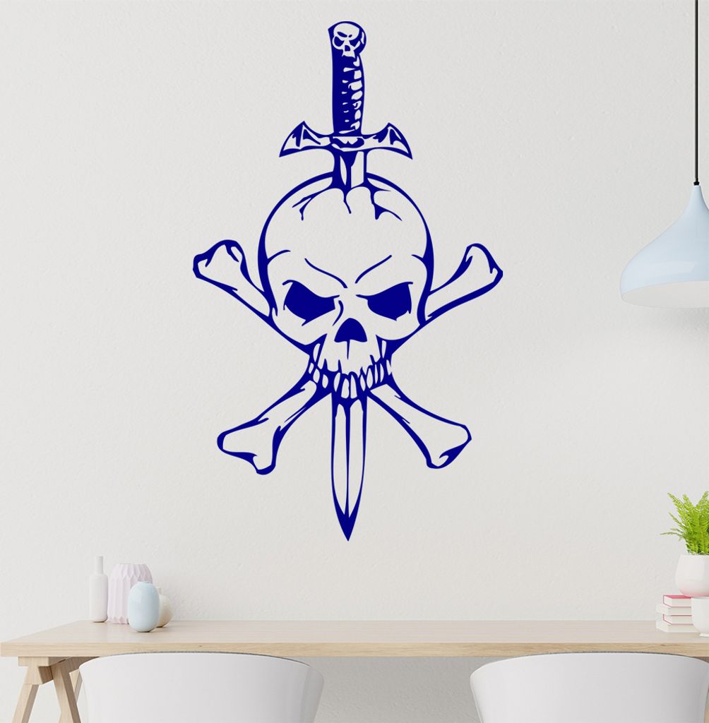 Schädel mit Dolch Wandtattoo in 6 Größen - Wandaufkleber Wall Sticker - Dekoration, Küche, Wohnzimmer, Schlafzimmer, Badezimmer