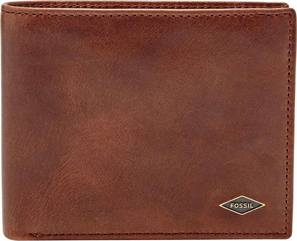 A brown leather wallet with a Fossil logo.