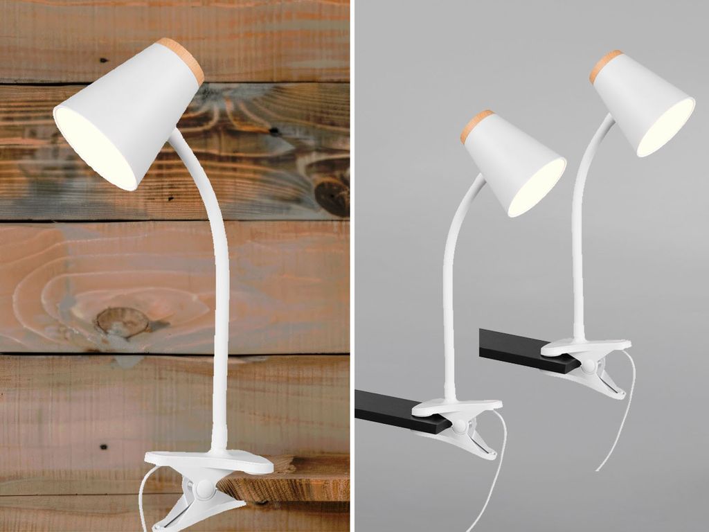 2er SET LED Klemmlampen Weiß mit Holzoptik, flexibel biegsame Leselampen, H 33cm