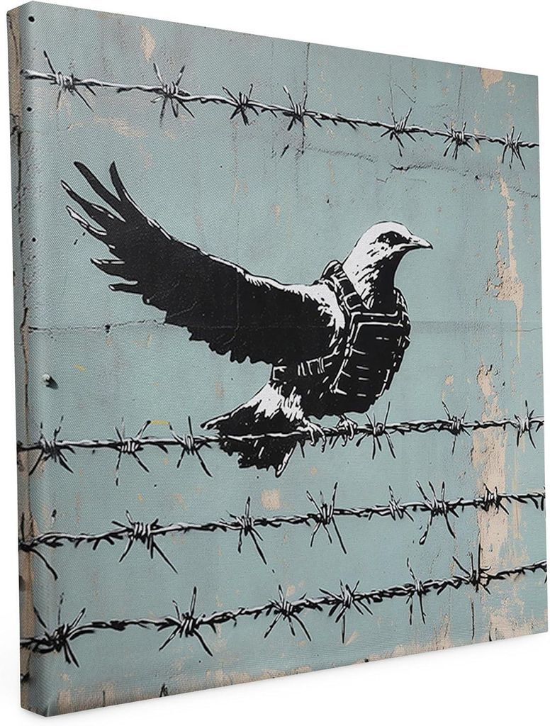 Banksy Motiv - Taube mit Stacheldraht - 40 x 40 cm - Wandbild auf Leinwand - matter Kunstdruck - Graffiti - Street Art - 2cm Holzrahmen - Keilrahmen