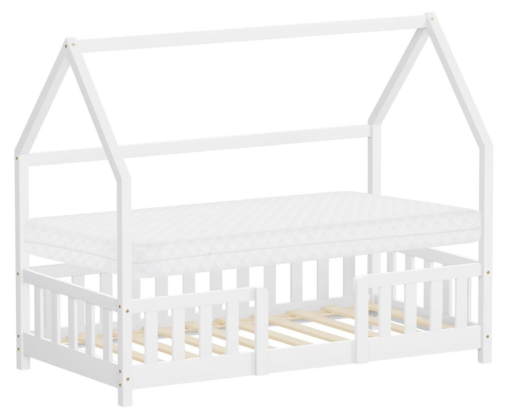 ML-Design Kinderbett 80x160cm mit Matratze Rausfallschutz Dach & Lattenrost Weiß Montessori Bodenbett aus Kiefernholz Hausbett für Mädchen & Jungen