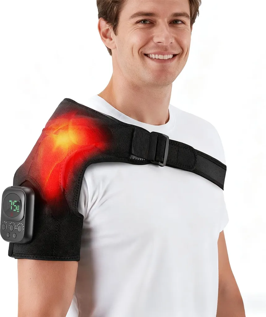 Soulager douleur épaule avec ce bandage chauffant vibrant tactile rouge