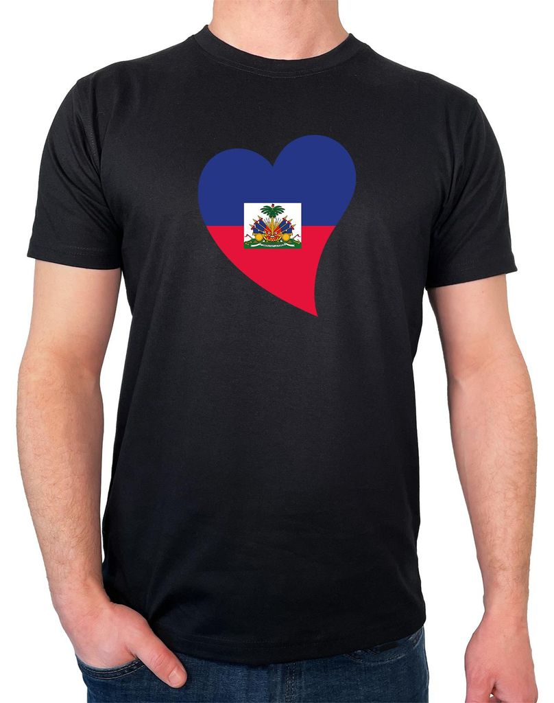 Huuraa Herren T-Shirt Haiti Flagge Herz XL Black Bio Baumwolle Fairtrade Herrenshirt Geschenkidee