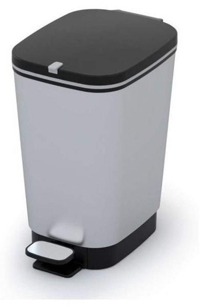 A silver and black pedal bin on a white background.