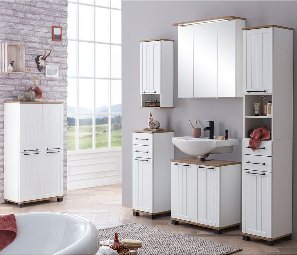 Badezimmer Set im Landhaus-Stil, weiß matt mit Eiche Nb., 6-teilig, JAUSA-80