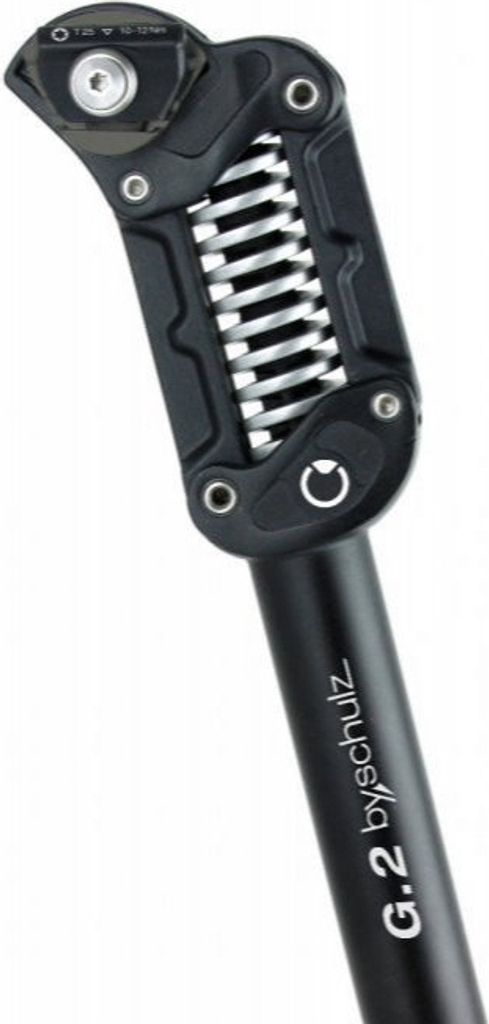 A close-up studio shot of a black bicycle seat post with a silver spring.