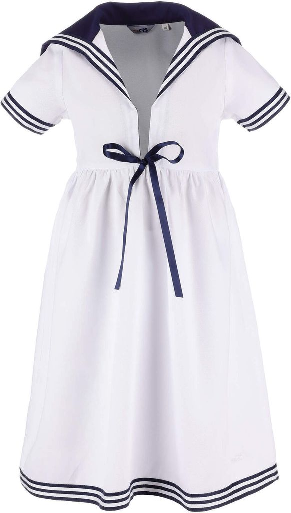 modAS Kinder Matrosenkleid mit 1/2-Arm - Maritimes Kurzarmkleid mit großem Kragen in Weiß Größe 110