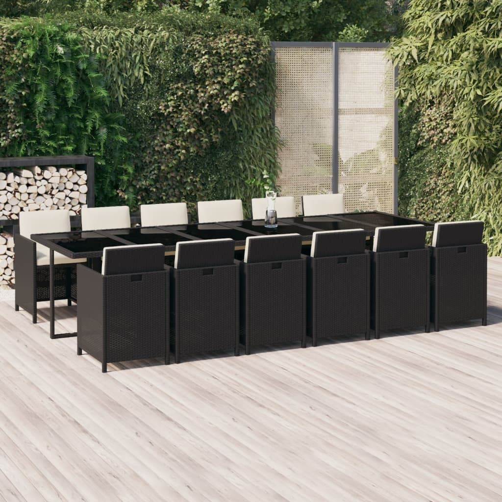 The Living Store 13-tlg. Garten-Essgruppe mit Kissen Poly Rattan Schwarz