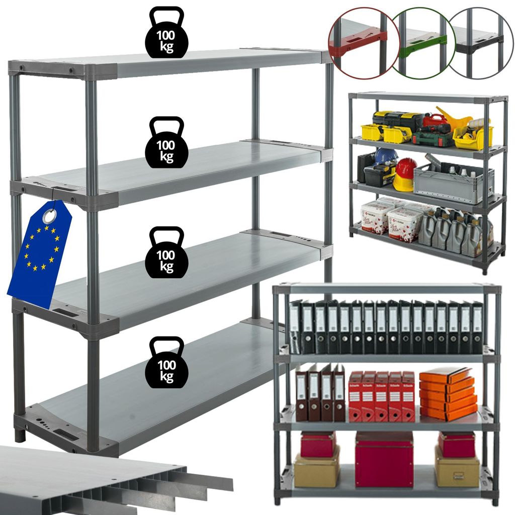 MODO24 Kunststoffregal, 4 Ablagen, 100kg/Boden, Schwerlast, Steckregal, Lagerregal, Plastikregal, Werkstatt, 138x150x46?cm, Grau, TYTAN