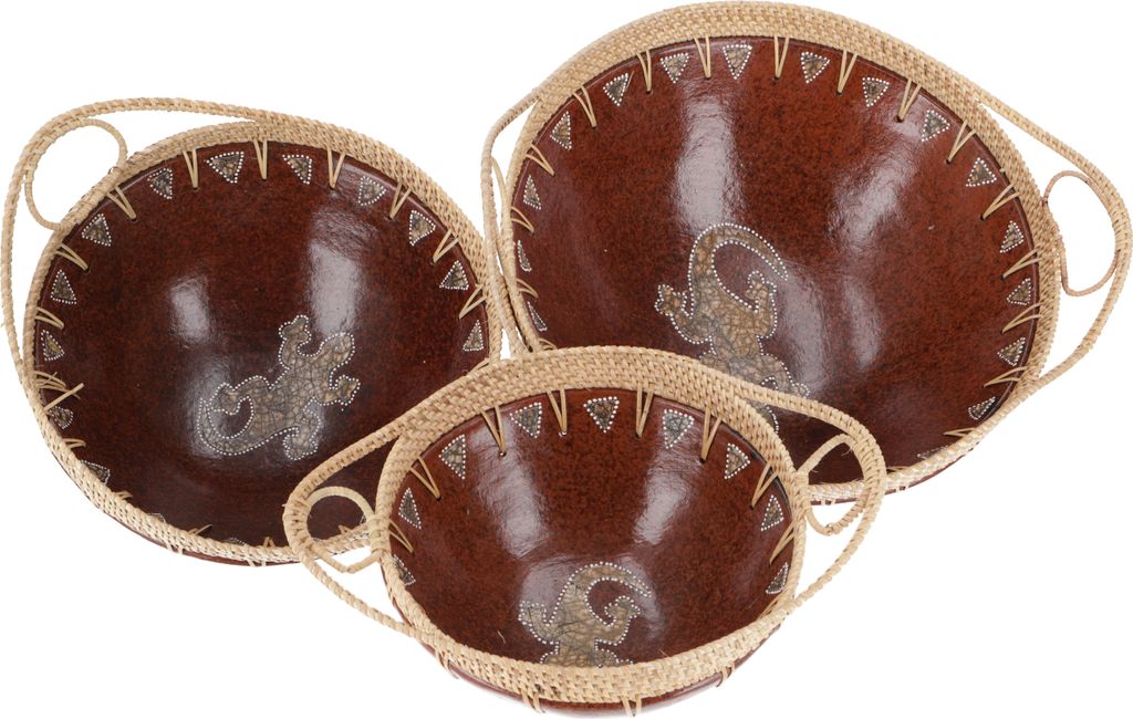 Runde Umflochtene Keramikschale, Obstschale, Dekoschale - Design 14, Braun, Keramik,Bast, Größe: Mittel (25*10 cm Hoch)
