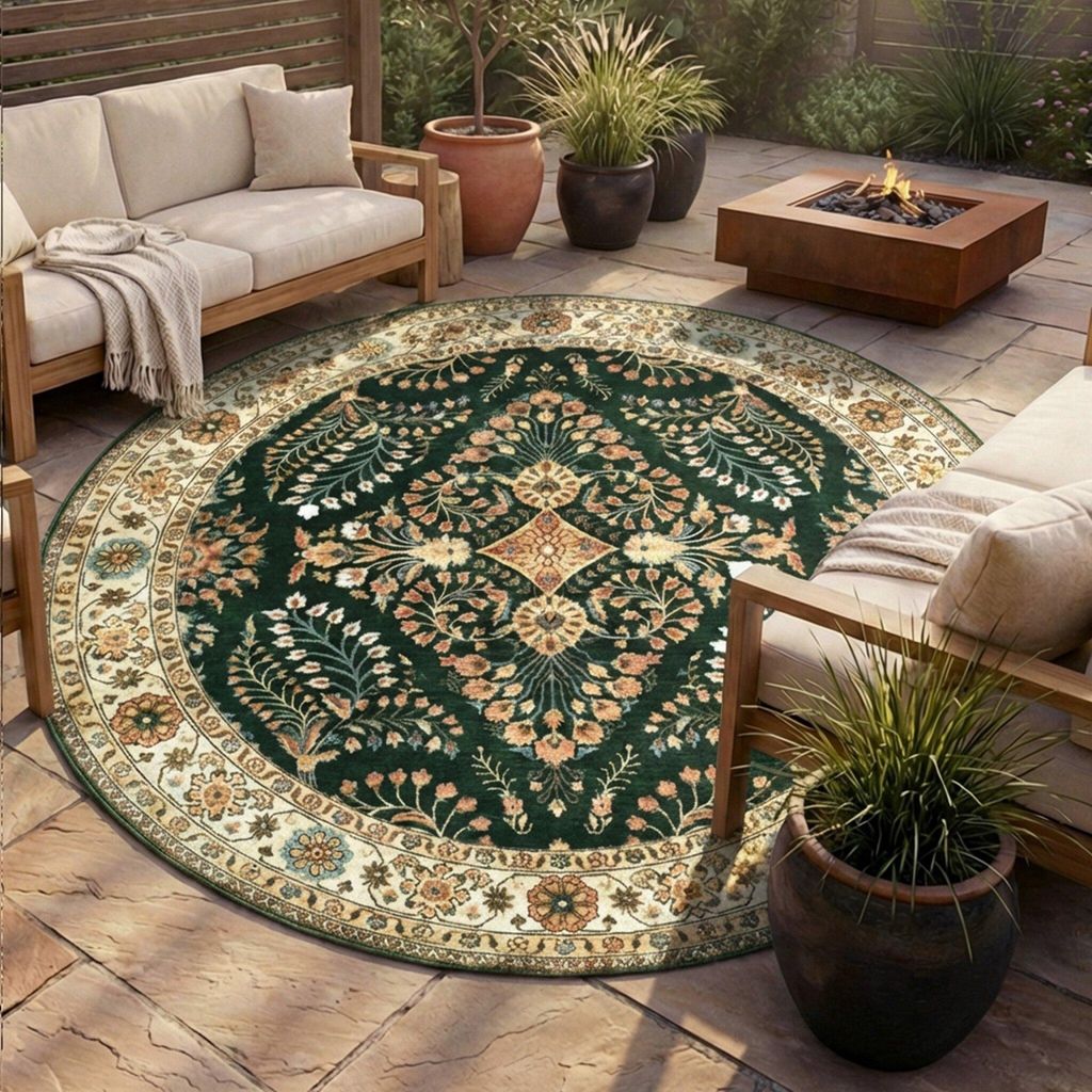 Volero - Vintage Gartenteppich Rund - Santo Flora Dunkelgrün - Ø 160 cm - Balkon, Garten / Terrasse - Orientalisch