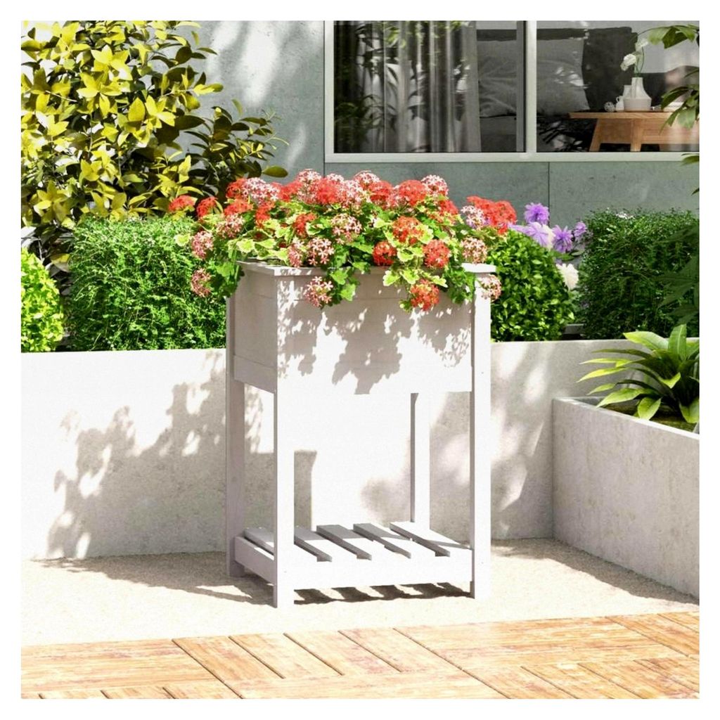 Blumenkasten mit Regal, weiß, 54 x 54 x 81 cm, Massivholz, Kiefernholz, Hochbeet, Pflanzschale für Blumen und Sukkulenten, Terrasse und Balkon