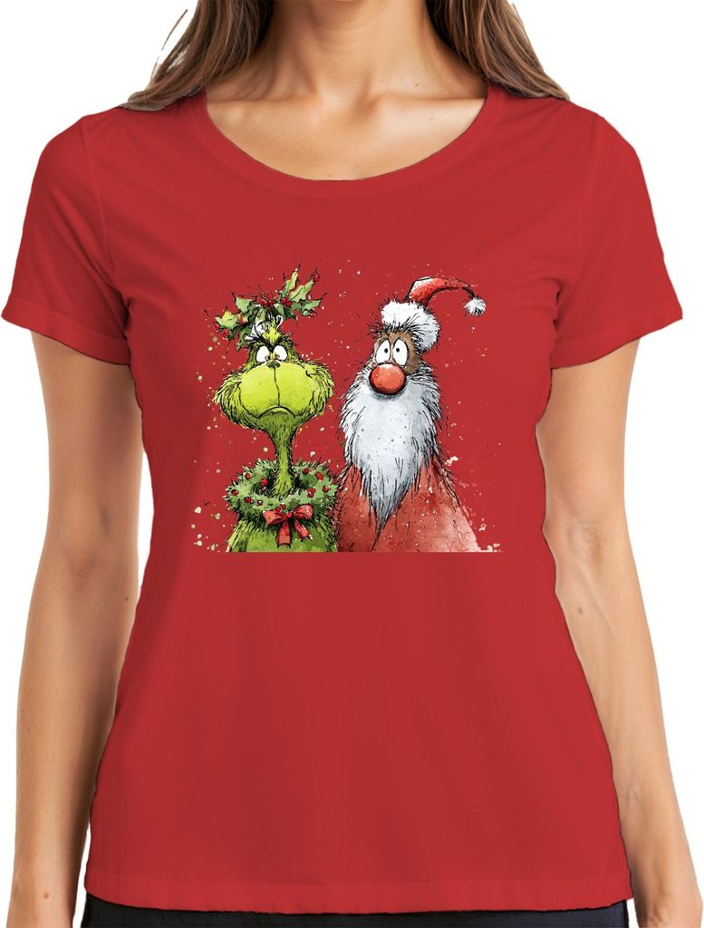 Grinch Weihnachtsmann Stechpalme Weihnachten lustig Vintage Damen T-Shirt, Rot, XL