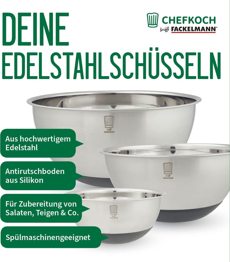 Chefkoch trifft Fackelmann Edelstahlschüssel-Set "Bonn" in 3 Größen S, M, L mit Antirutschboden aus Silikon, spülmaschinengeeignet
