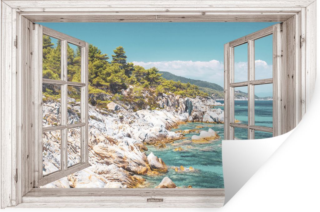 MuchoWow Wandtattoo Wandsticker Wandaufkleber Aussicht - Baum - Meer 120x80 cm Selbstklebend und Repositionierbar - Selbstklebend - Fototapeten