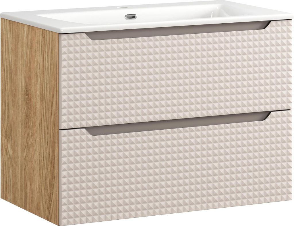 Badezimmerschrank 80 Cm Beige Mit Gefräster Front Und Waschbecken Sky