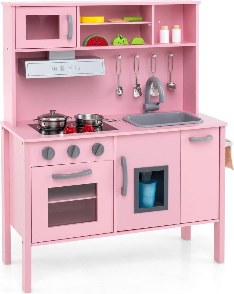 GOPLUS Kinderküche Holz, Kinderspielküche mit Mikrowelle, Spüle, Gasherde, Eismaschine & Backofen, Spielzeugküche Holzküche für Kinder ab 3 J...