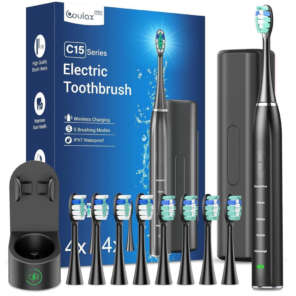 Elektrische Zahnbürste Schallzahnbürste für Erwachsene - Whitening Ultraschall mit Reiseetui und Ladestation, Mit 8 Bürstenköpfe, 5 Putzmodi, ...