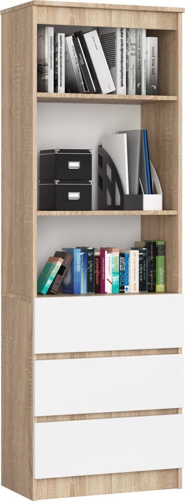 A tall, narrow bookshelf with three drawers at the bottom and open shelves above, filled with books and storage boxes.