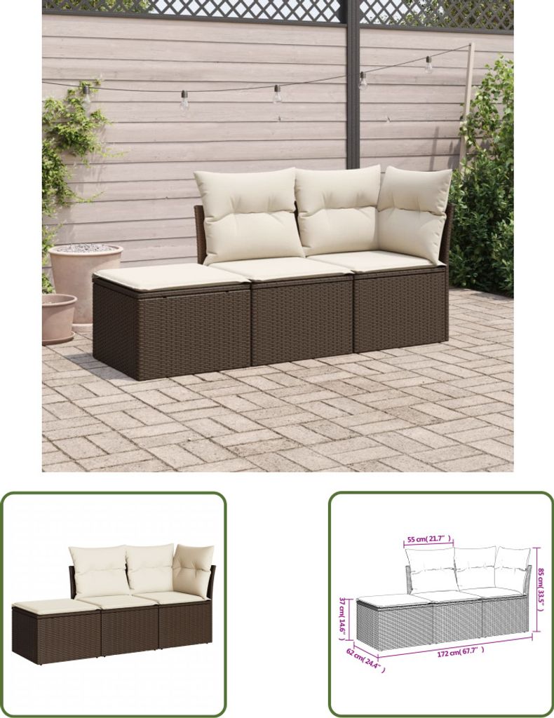 The Living Store 3-tlg. Garten-Sofagarnitur mit Kissen Braun Poly Rattan