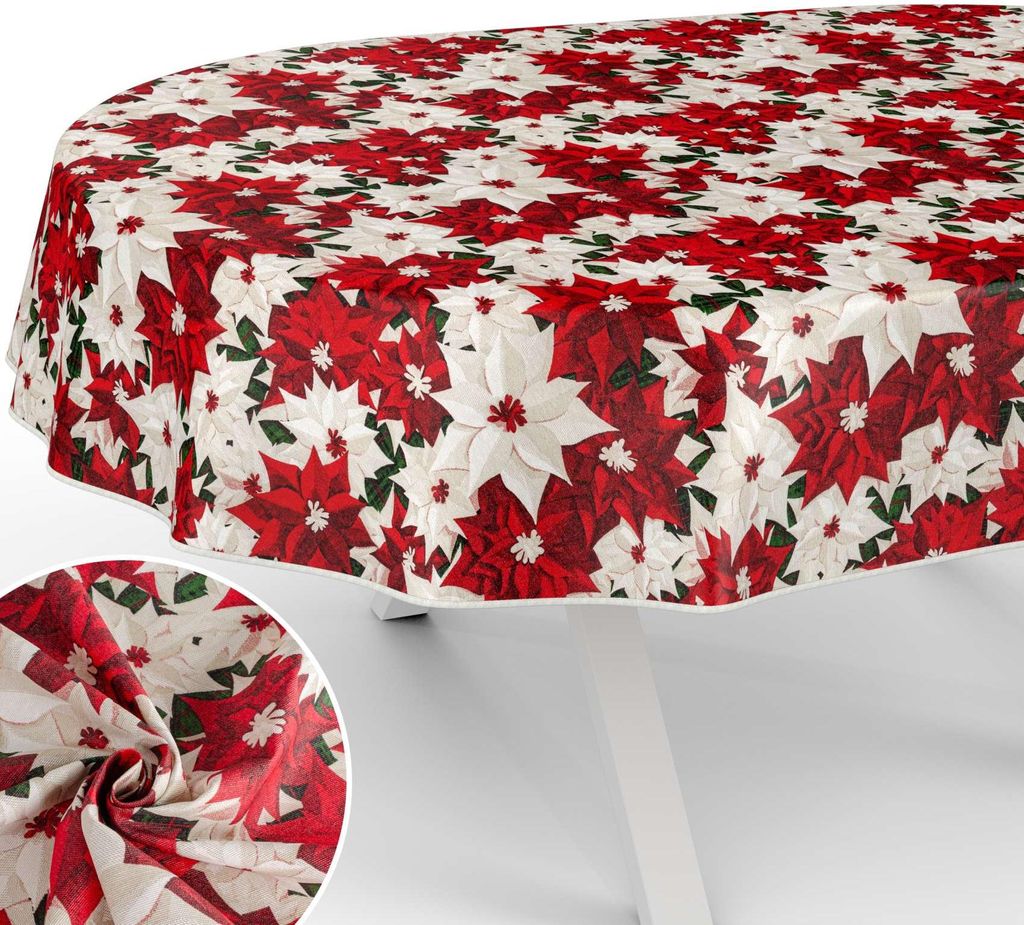 Tischdecke Weihnachtsstern Poinsettia mit feierlichem Motiv Tischwäsche schmutzabweisend Tischtuch aus Stoff Naturel Rot Oval Breite 140cm Länge ...