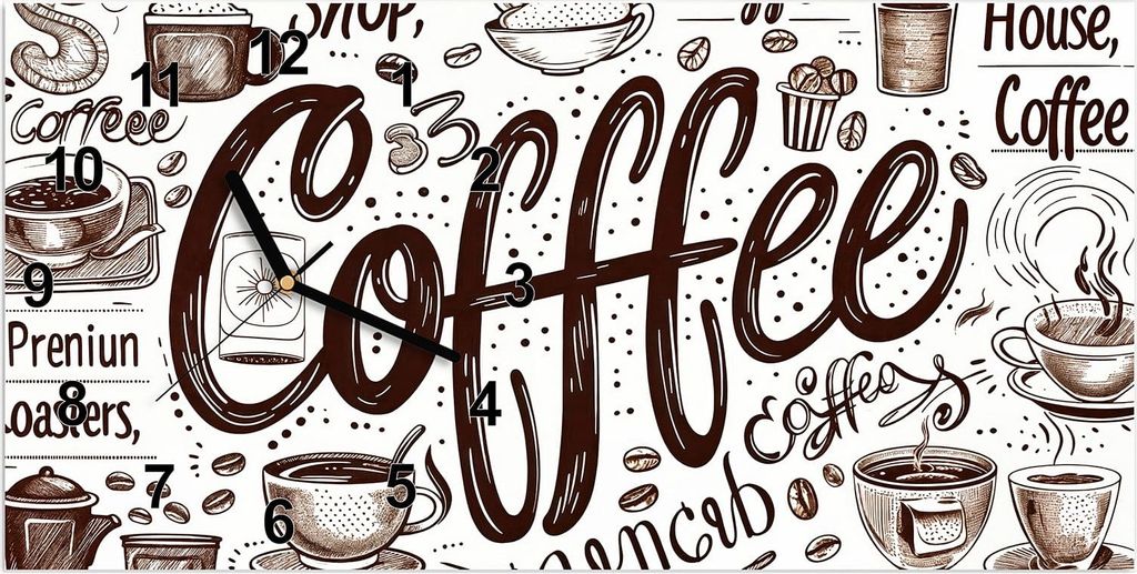 Wanduhr aus Glas mit Motiv Kaffee Illustration- 60 x 30 cm - inkl. Aufhängesystem