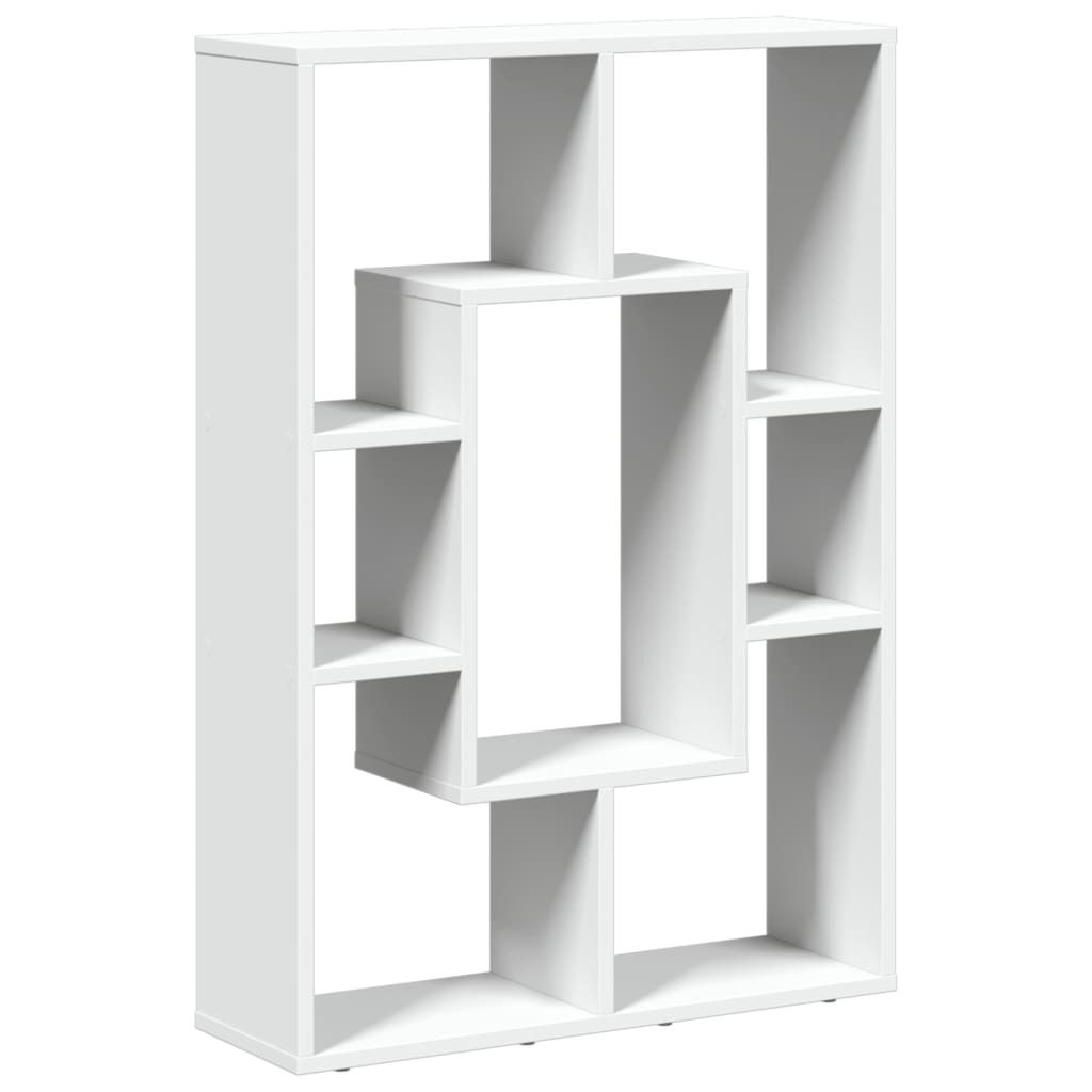 A white, multi-compartment bookshelf is shown against a white background.