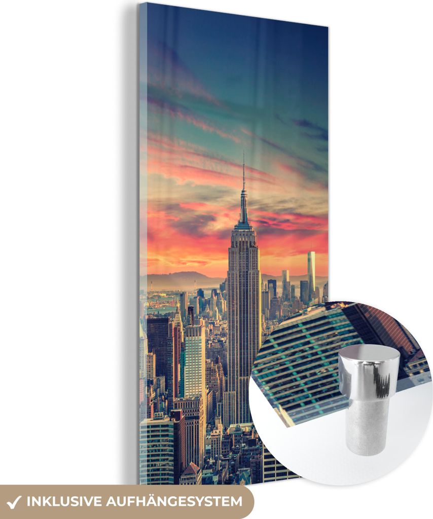 MuchoWow Glasbilder - Bilder auf Wandbild - Foto auf Glas New York - Manhattan - Empire State Building 60x120 cm Wanddekoration aus Glas - Acrylgla...
