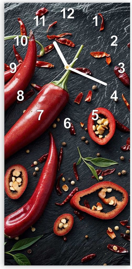 Wanduhr aus Glas mit Motiv Rote Chili Schoten- 30 x 60 cm - inkl. Aufhängesystem