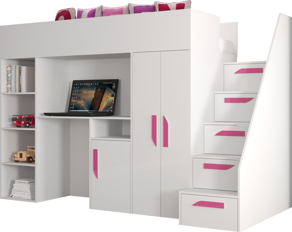Etagenbett für Kinder Party 14 Stockbett mit Treppe und Bettkasten (Weiß + Weiß Glanz + rosa Griffe)