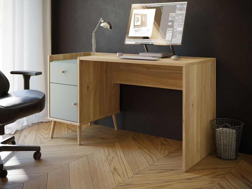 Schreibtisch WHENUA, 139,6 x 77,3 x 60 cm, Eiche/Salbeigrün, FORTE, Mit Schublade und Tür