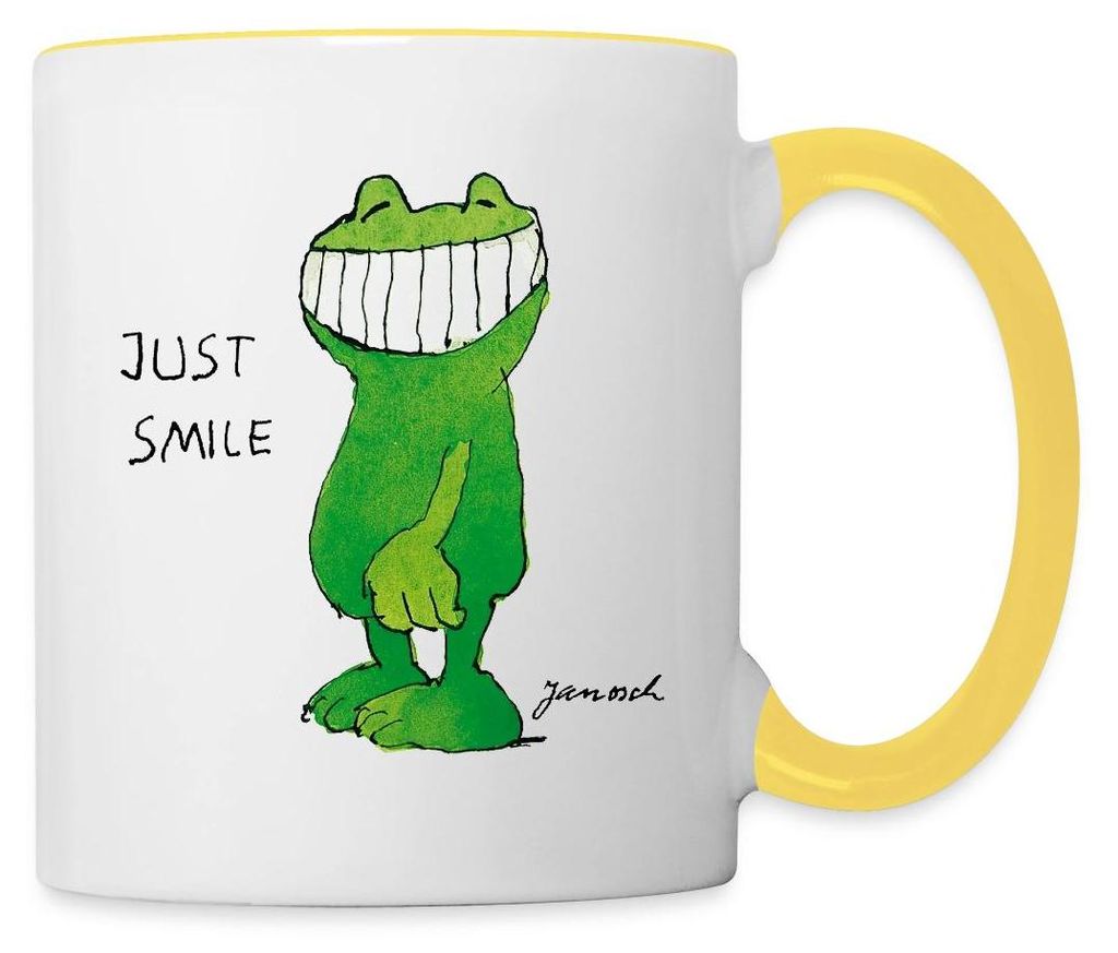 Spreadshirt Janosch Günter Kastenfrosch Just Smile Tasse Zweifarbig, One size, Weiß/Gelb