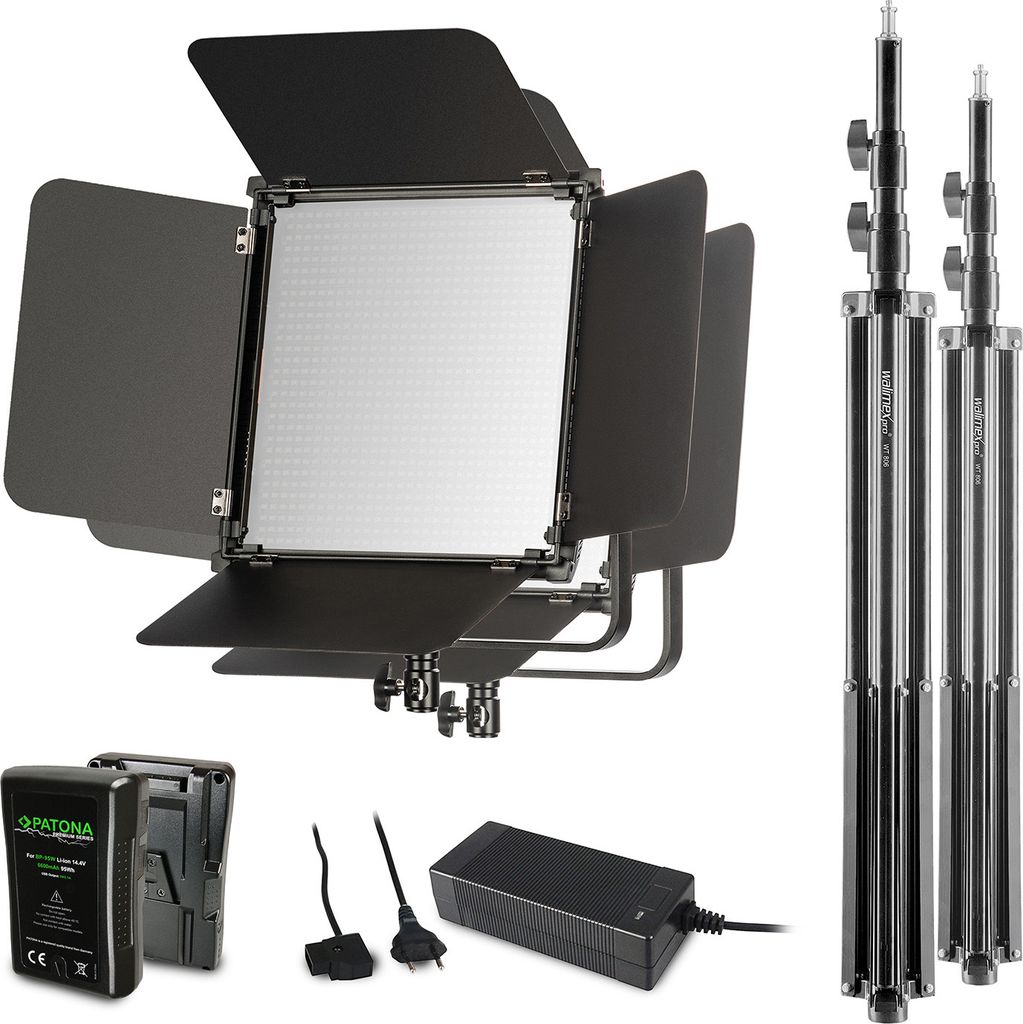 Walimex pro 2x LED Niova 100-F Pro 100 W Bi-Color Flächenleuchte Set mit 2x Lampenstativ & 2x V-Mount Akku, dimmbare Videoleuchte, Studioleuchte m...