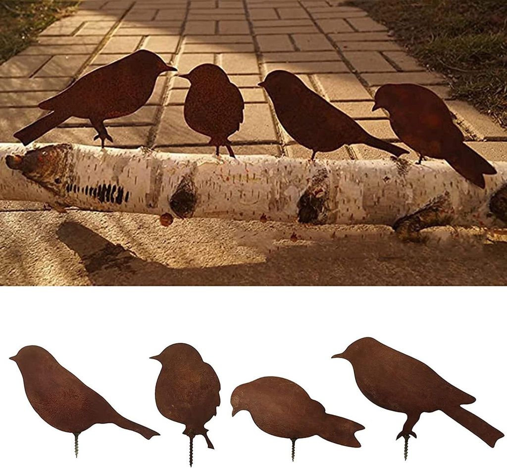 4 Edelrost Metall Vogel Stecker Gartendeko Rostoptik mit Produktbild 