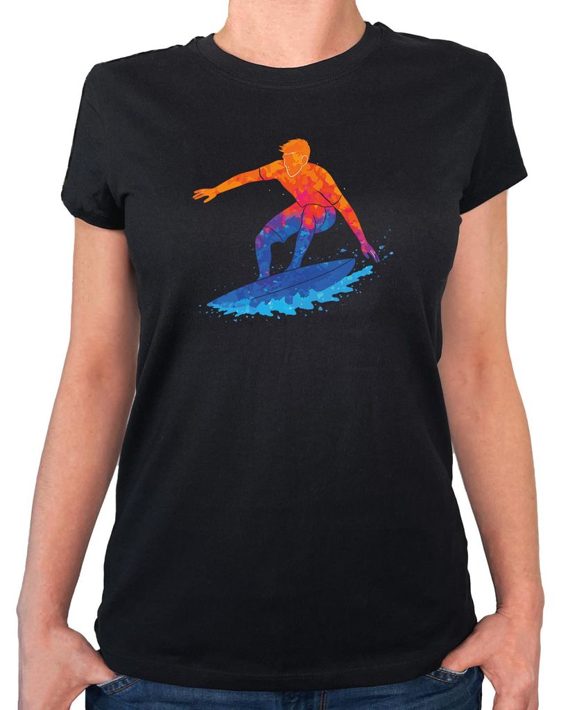 Huuraa Damen T-Shirt Surfen bunte Silhouette S Black Bio Baumwolle Fairtrade Damenshirt Geschenkidee