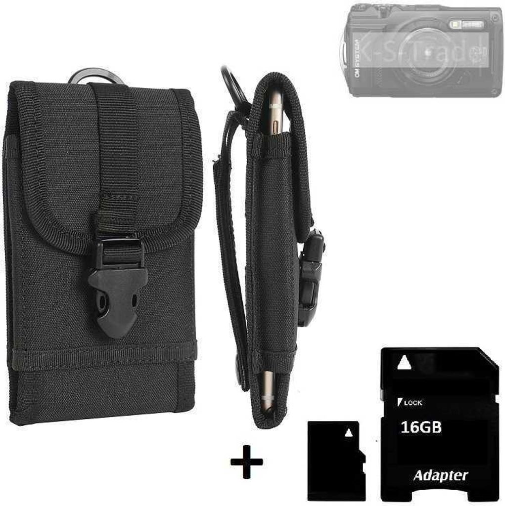 K-S-Trade Kameratasche Gürteltasche kompatibel mit OM System TG-7 Outdoor Gürtel Tasche für Kompaktkamera + 16GB Speicherkarte Holster Fototasche