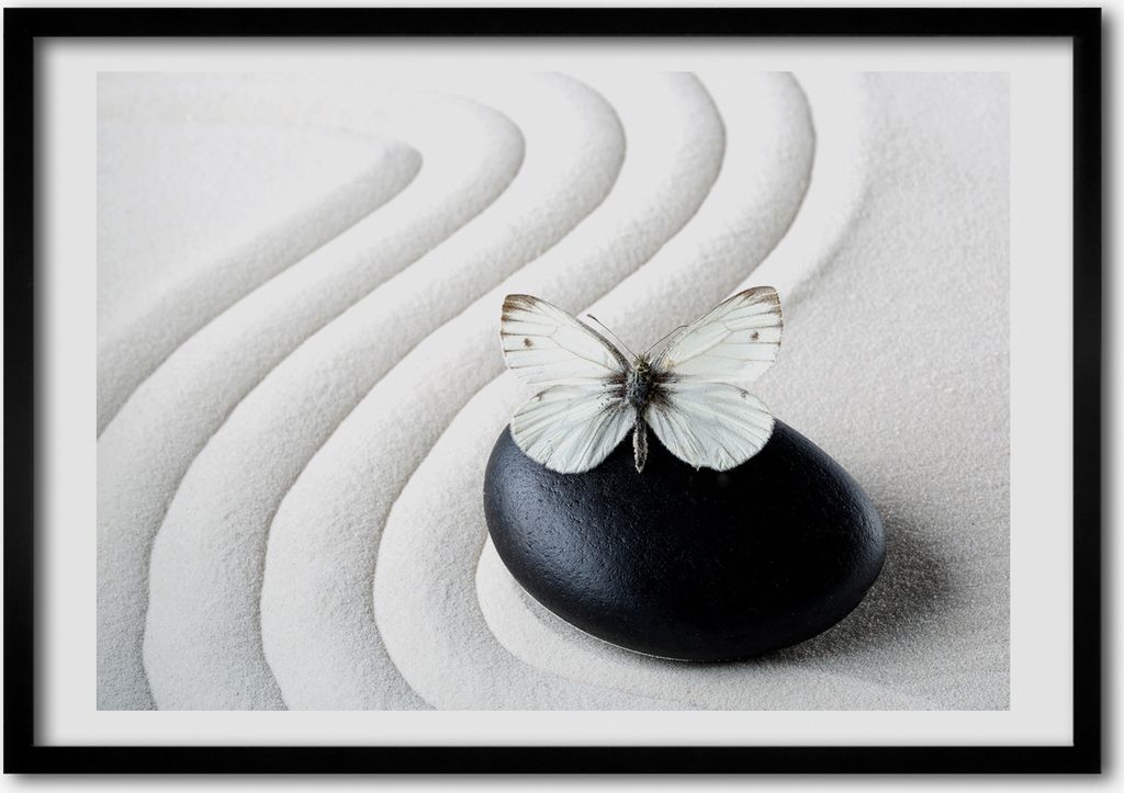 Bild - Bilder - Bilderrahmen - 70 cm x 50 cm - MDF-Rahmen, Wandkunst Zen Stein und Schmetterling