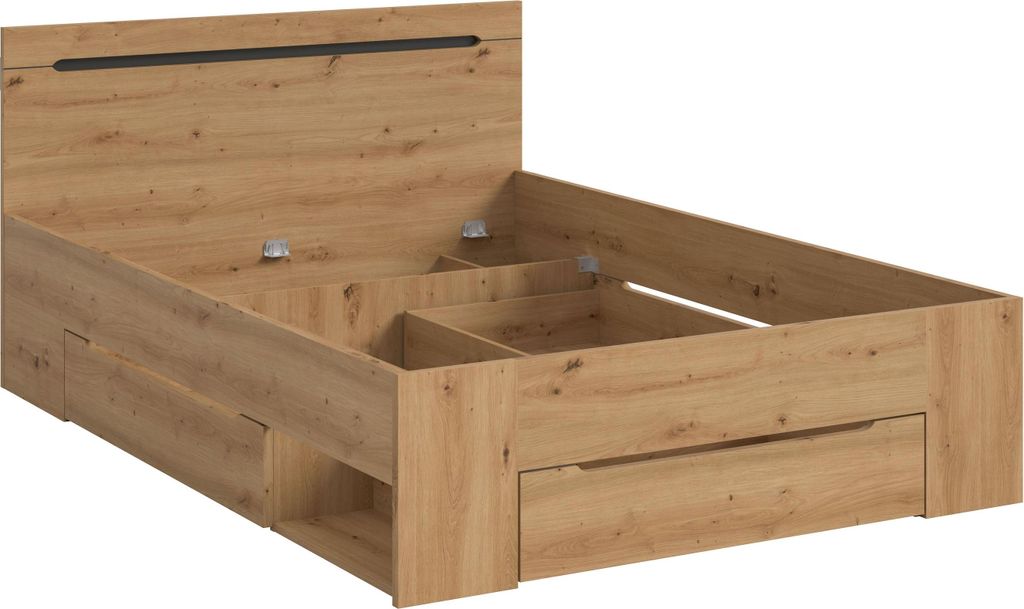 Homes & Jones Bett Sova 140x200, Modernes Bett in Eiche-Optik mit Schubladen & Fächern