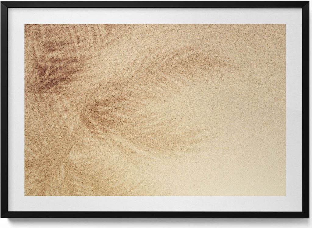 Strandurlaub mit Sand– Wandbild mit Rahmen – Gerahmtes Bild – Wanddekoration – 100x70 cm – Schwarz Rahmen