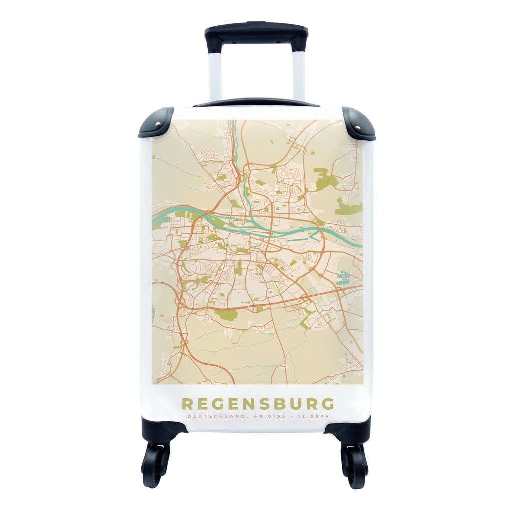 MuchoWow Koffer Handgepäck Trolley Rollkoffer Kleine Reisekoffer mit 4 Rollen - Regensburg - Karte - Vintage - Stadtplan - Cabin Size < 55x40x23...