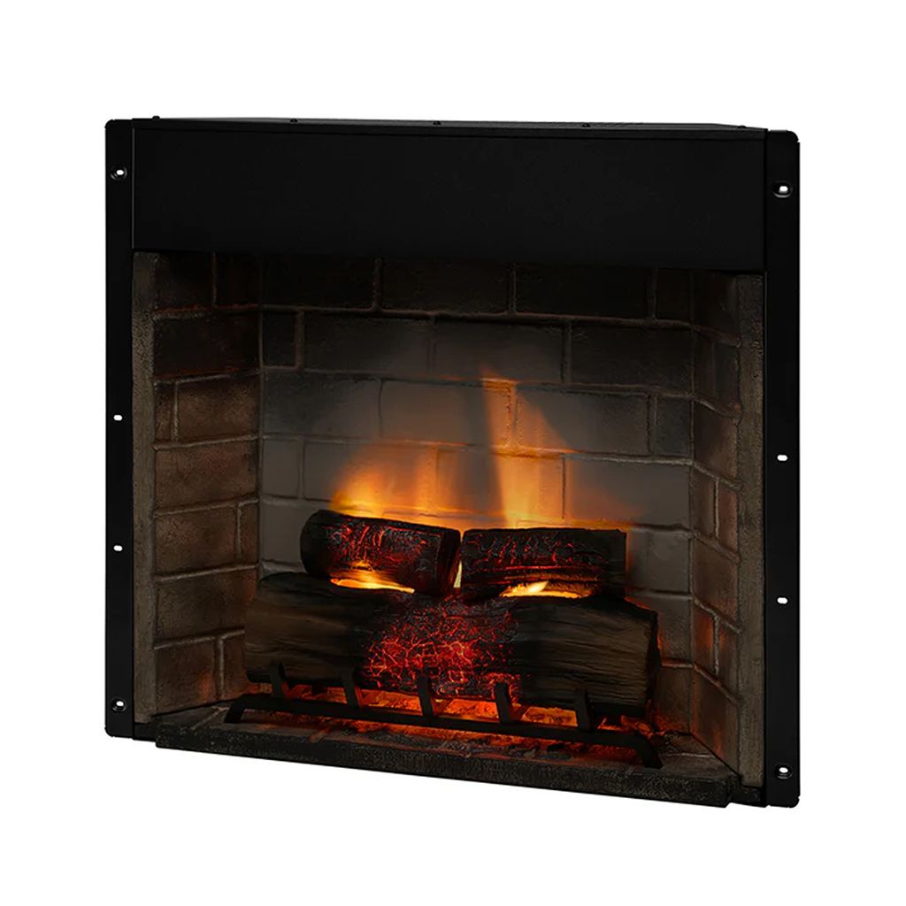 A close-up view of an electric fireplace insert with glowing logs and flames.