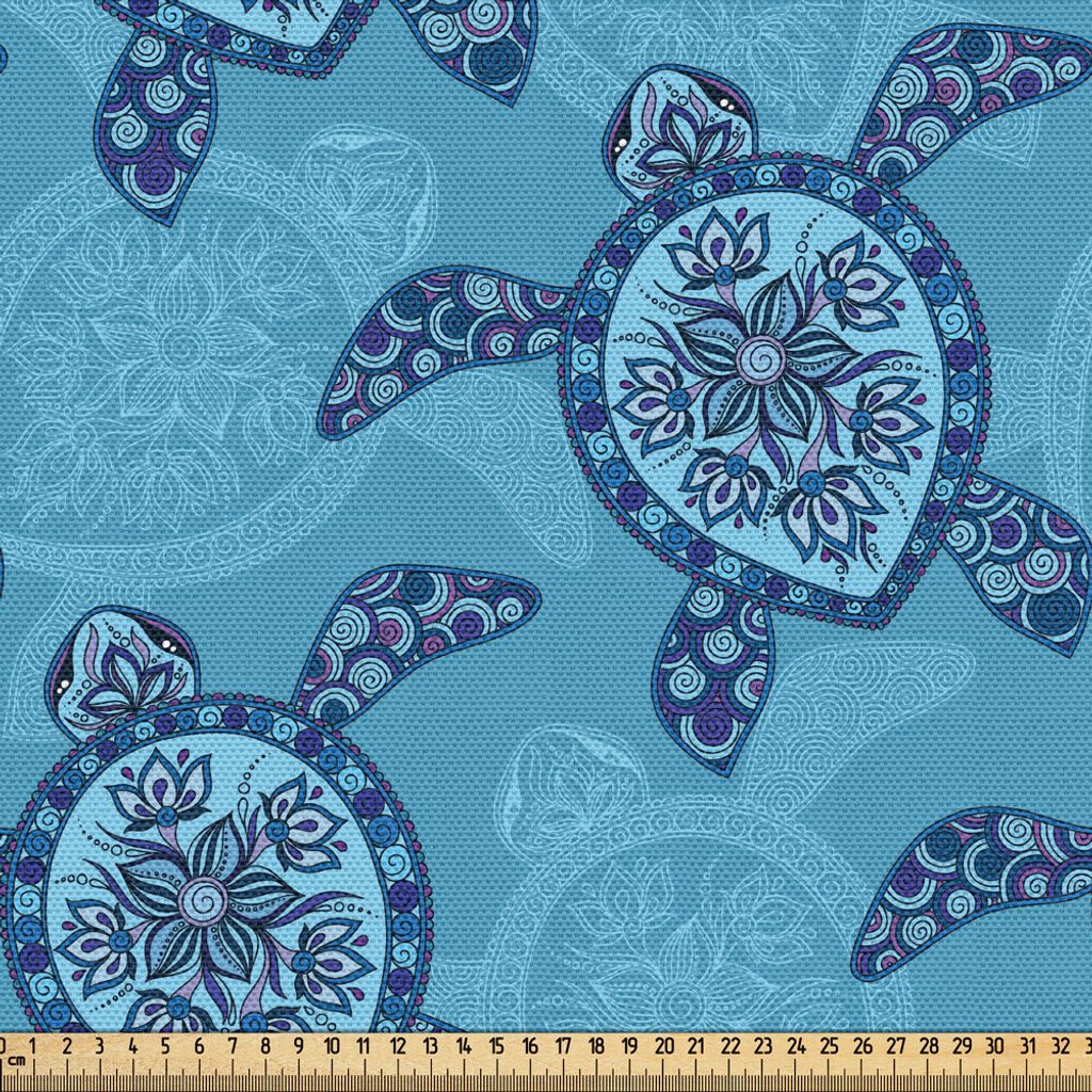 ABAKUHAUS Schildkröte Gewebe als Meterware, Wassertiere handgezeichnete Lily Flowers in Tropfenform Shell und Spiral-Linien gebaut, 5 M (148 x 500...