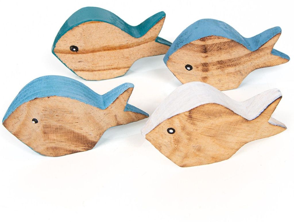 4 kleine Holzfische - Fischschwarm aus Holz 4 Farben weiß 9,5 cm