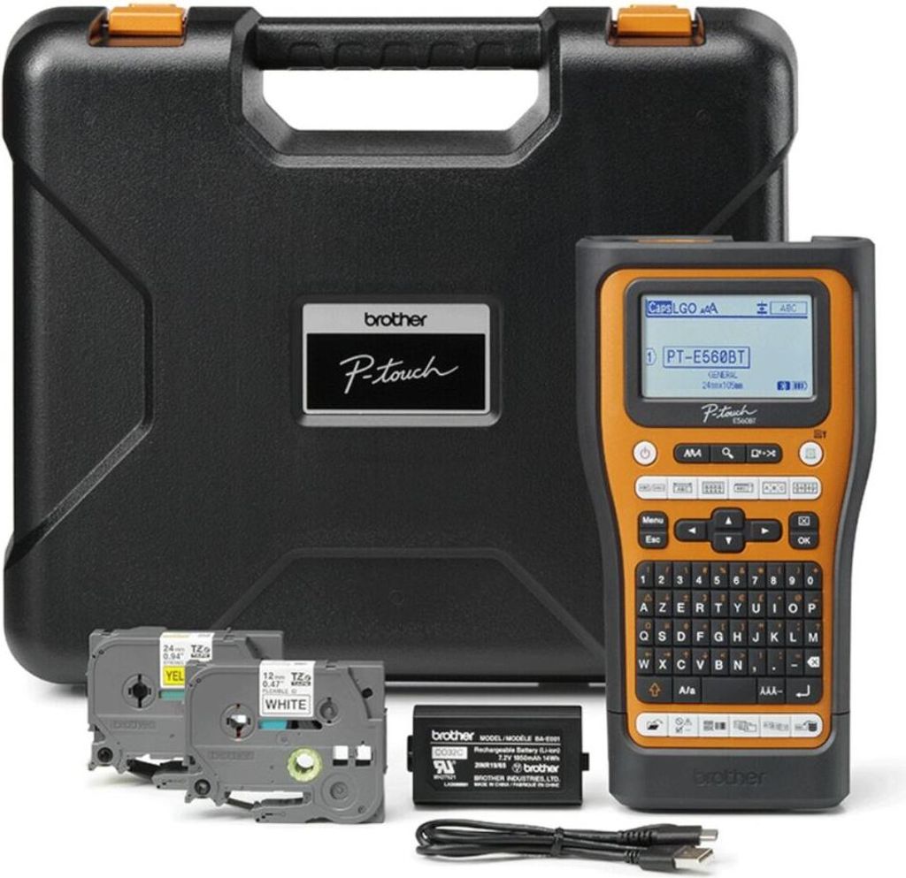 A Brother PT-E560BTVP label maker kit is displayed against a white background. The kit includes the label maker, a carrying case, two label cartridges, a rechargeable battery, and a charging cable.