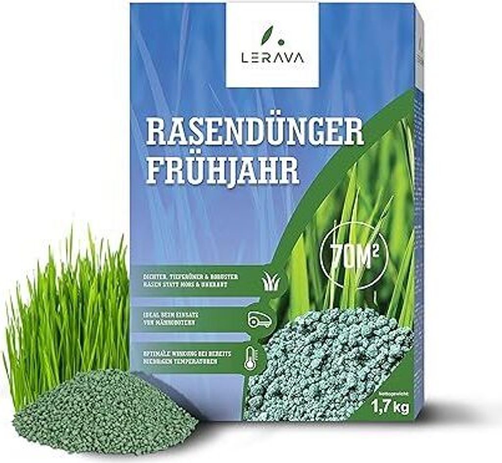 LERAVA Rasendünger Frühjahr - 100m²- Langzeitdünger - dichter, tiefgrüner & robuster Rasen statt Moos & Unkraut - Ideal beim Einsatz von Mähr...