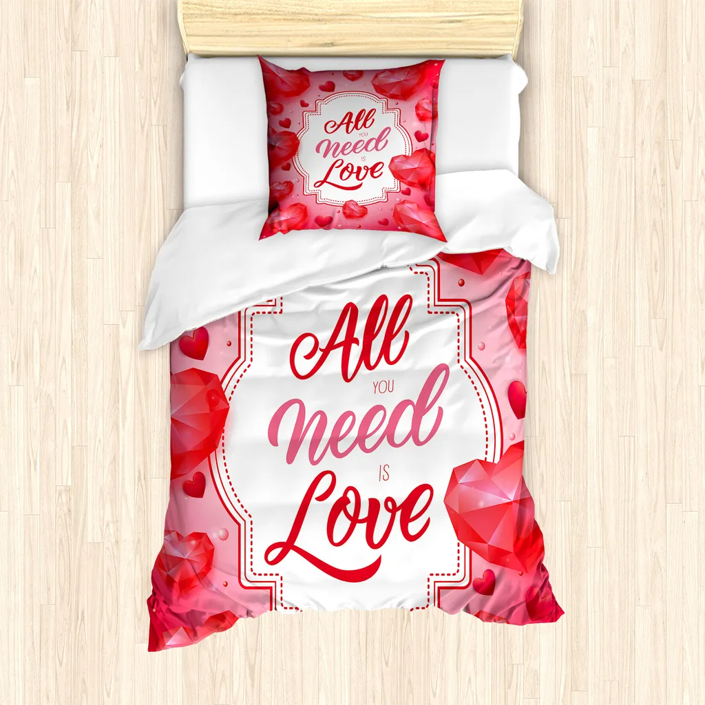 ABAKUHAUS Tutto ciò di cui hai bisogno è amore Set copripiumino letto singolo, messaggio romantico a forma di cuore, antiacaro, adatto a chi soffre di allergie, con federa, 135 x 200 cm - 80 x 80 cm, rosa pallido e corallo scuro